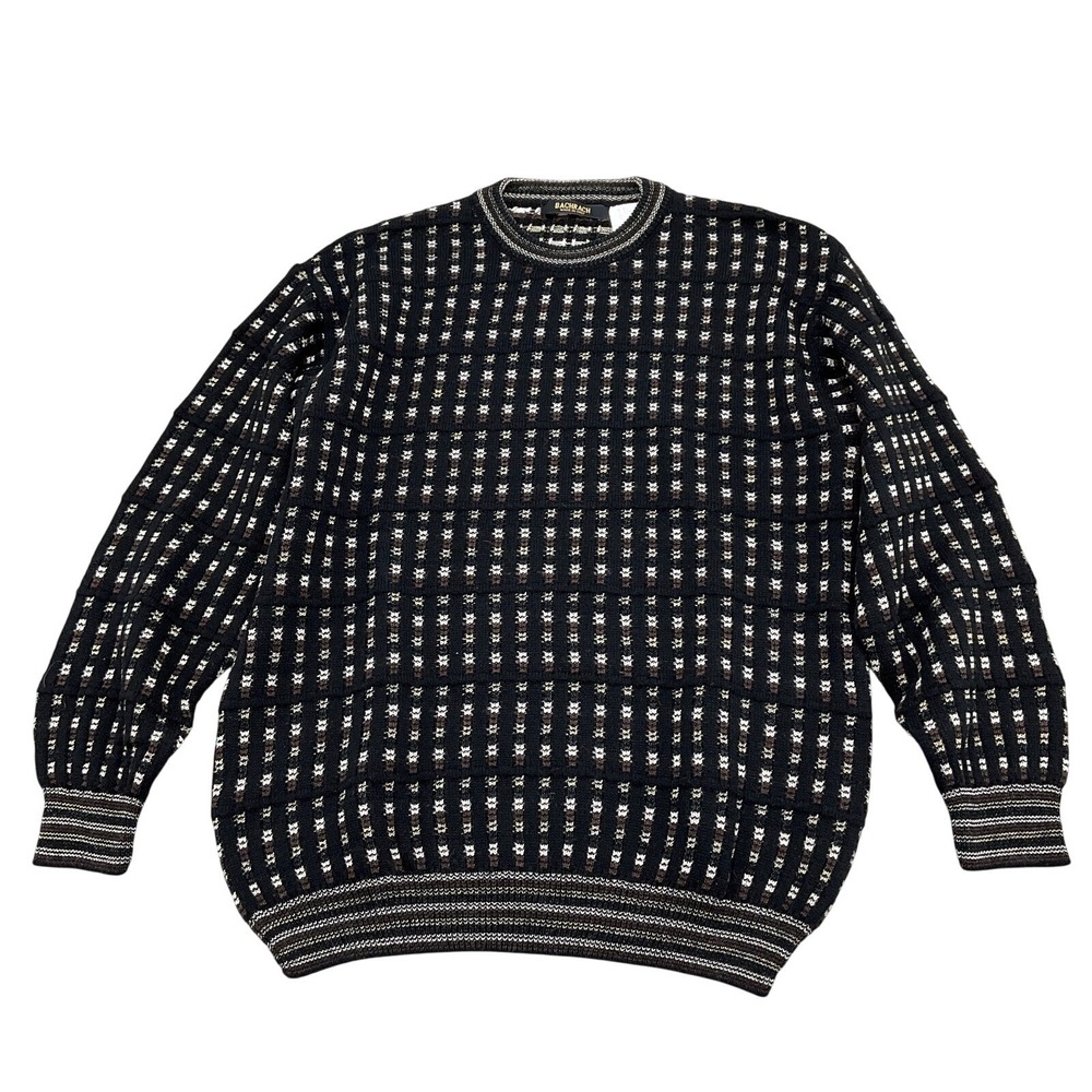 Bachrach Sweater Mens Large Black Brown Check Preppy Merino Wool 90s Italy VTG‎